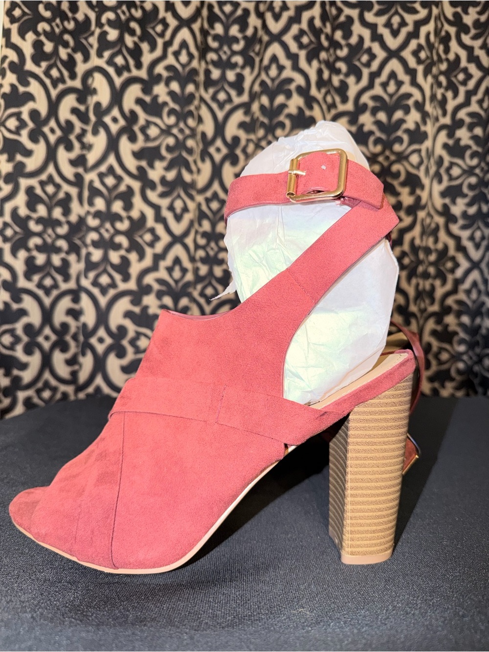 Shoe Dazzle Coral Suede Peep-Toe Block Heel Sandal with Ankle Buckle